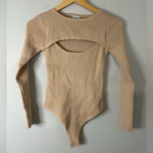 Princess Polly Cream Tan Ribbed Cutout Long Sleeve Bodysuit